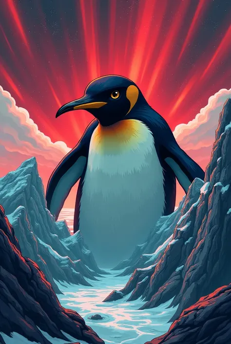 Penguin looking out of revenge as his torso emerges from the sky above a valley and that mountains cover the other half of his body the dark red sky with red and green auroras in the sky cover style cartoon drawing 