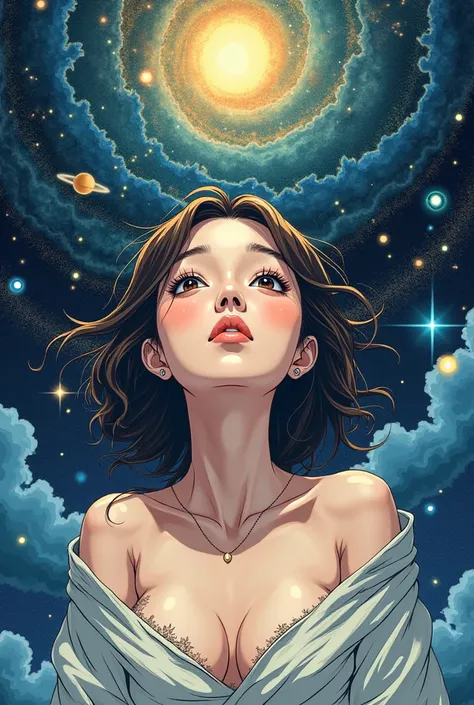 (( best quality )), ((Masterpiece)), (  Details), Japanese anime-style illustration: A beautiful, cute woman taking a deep breath as if she is inhaling energy from the universe