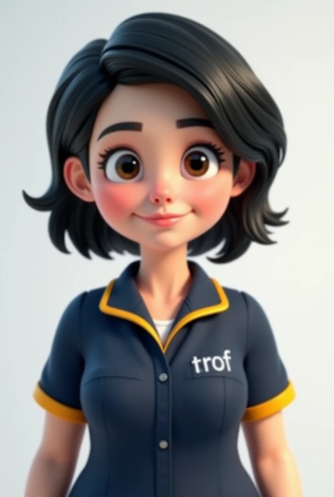  Use your face and dress up as a teacher. 3D animated image format . A chubby white woman.  short black hair. Uniform top . Dark blue.  with yellow details on the sleeves. Written in the center: "PROF"