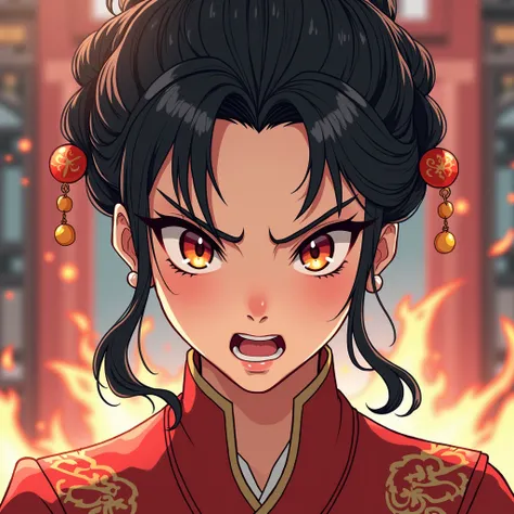 create an anime style of chinese woman character who wear traditional clothes an make e rage face