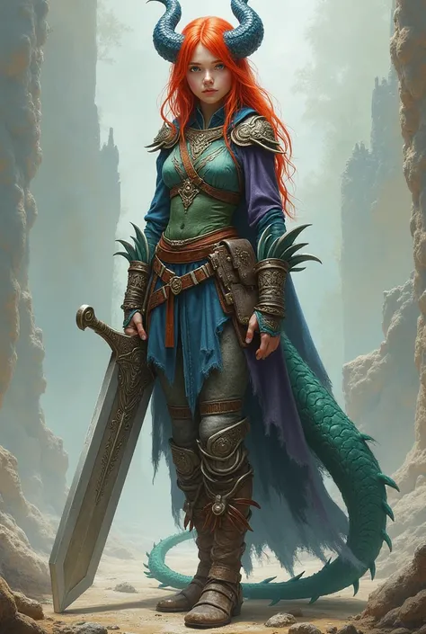 Create me a D&D character that is a strong roughed up  teenage girl with red hair a muted blue tail and muted blue horns and green purple and brown dragon skin clothing and holding a big sword