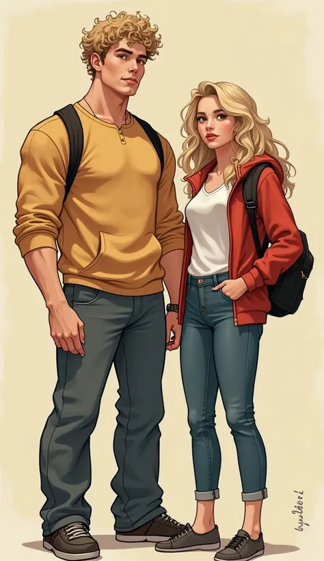   picture book cover  ,   the male protagonist is taller than the female protagonist,  The man has a pale complexion  ,   curly blonde hair a little long  ,  looking strong ,   has muscles but not exaggerated  .   The female protagonist has fair skin ,  lo...