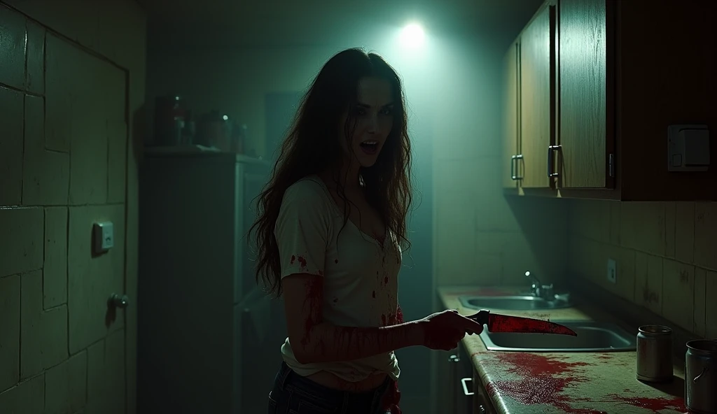 A woman covered in blood, holding a knife in a dark kitchen