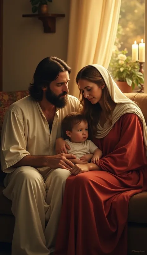 "Jesus and Mary sitting together with a grieving family in a modest living room, their presence radiating warmth and peace. Jesus places a comforting hand on the shoulder of a crying father, while Mary gently holds a  in her arms, offering solace. Soft gol...