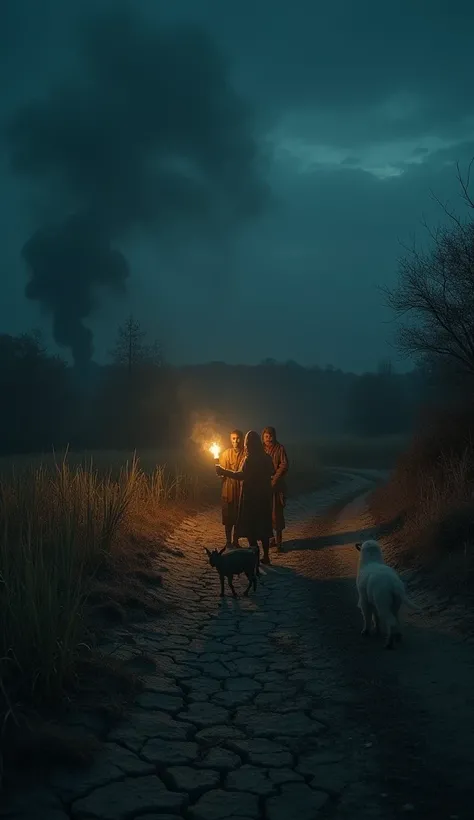 "A barren landscape under total darkness, with dying crops, cracked earth, and frightened animals running from an unseen threat. Villagers huddle together, holding torches that barely illuminate their terrified faces."

