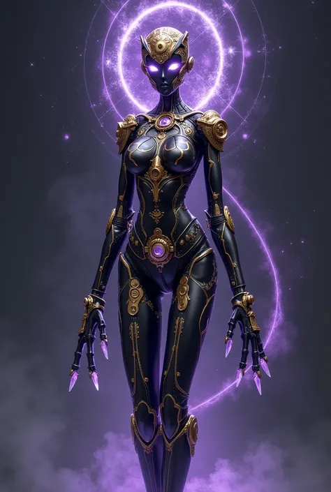 JoJo’s Bizarre Adventure, Female stand ,  humanoid body with metal structure and plates ,  predominance of black with gold and silver details .  Head with mask in the shape of a crescent moon and sun ,  shiny silver eyes with surrounding lilac aura .  Thin...