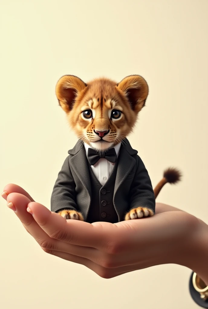 "An adorable lion cub sitting in the palm of a person's hand. The lion is wearing a neatly tailored suit with a bow tie, looking cute and charming. The human hand is detailed and realistic, with a natural appearance, while the background is bright and mini...