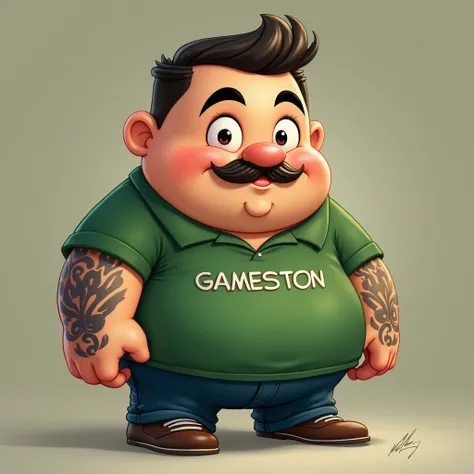  a chubby full body not very fat and with a thin and small and straight mustache and hair shaved on the sides and a small tuft in the front (Even small with the hair ) And with the shirt in the color green , And written GAMESTON CHANNEL , escrito canal gam...