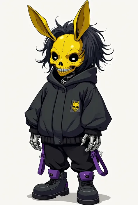 Create a character design featuring a dark and edgy aesthetic. The character has short, messy black hair with layered strands. They wear a bright yellow, bunny-inspired mask with stitched details and a skull motif, giving it a sinister yet playful appearan...