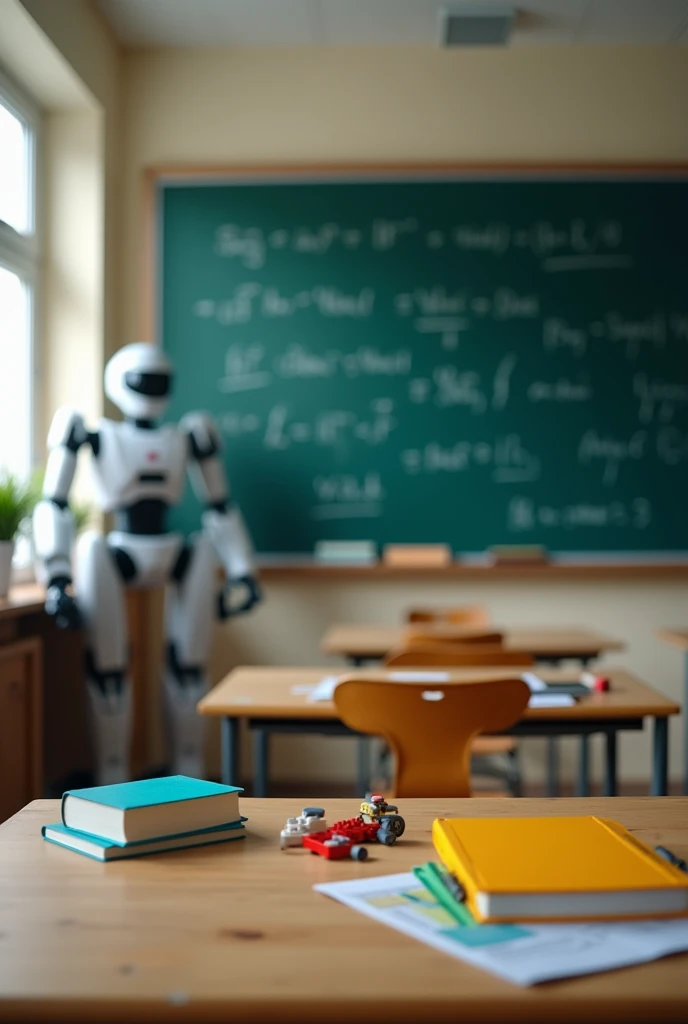 Create an empty university classroom.  On the desk there are books and some Legos scattered .  In the background there is a robot because it is the robotics classroom, The blackboard is full of formulas . All aesthetic style 