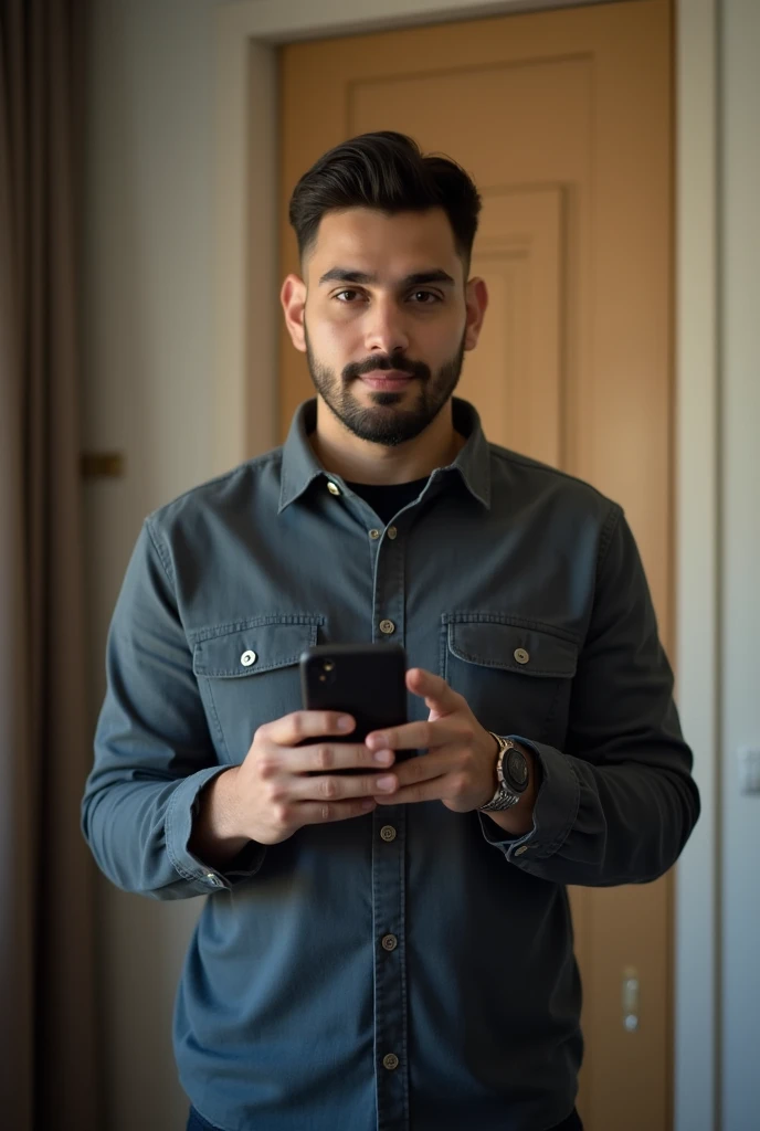 there is a man that is standing in a room with a cell phone, around 1 , riyahd cassiem, caio santos, frontal picture, mohamed chahin, taken in the early 2020s, ismail, headshot profile picture, professional profile picture, profile image, david rios ferrei...