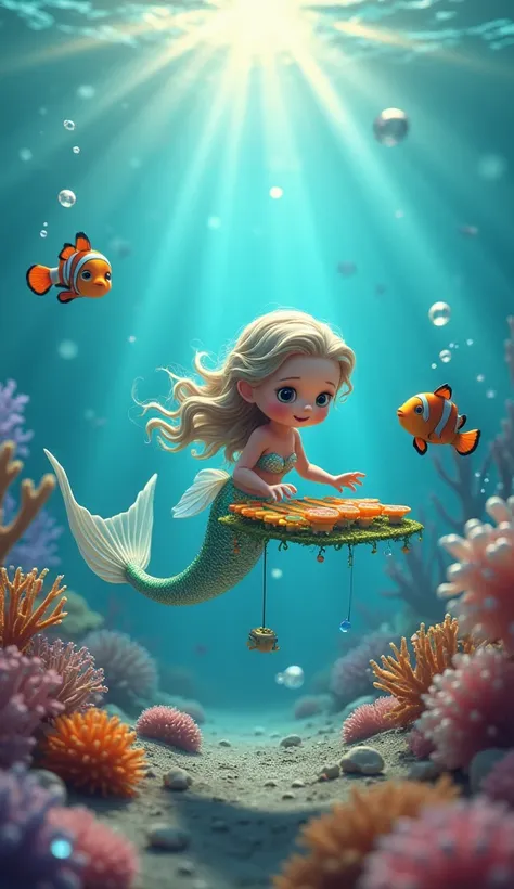 Prompt in English:

A hyper-realistic underwater scene featuring an adorable baby mermaid with wavy hair and a shimmering, colorful tail. The baby mermaid is playing a unique seashell xylophone, crafted from glowing shells suspended on an elegant seaweed f...