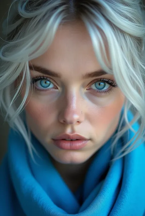 close-up of a masterpiece, a woman, the most beautiful, blue eyes messy silver hair, super detailed 8k realistic photo, stunning, blue clothes