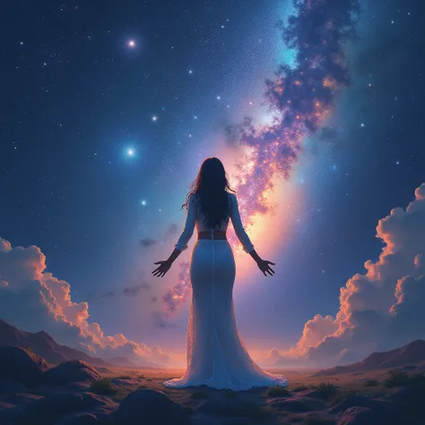 A hyper-realistic digital illustration of space featuring a woman who is herself the stars within the Milky Way. She is not fully discernible as she blends seamlessly and aesthetically into the cosmic landscape. The scene is very colorful. The woman is fac...