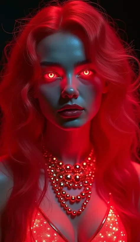 (( best quality )), (( masterpiece )), (detailed),   perfect face,  perfect body ,  elegant and luxurious, goddess,  neon red full lips ,  neon red eyes , 
  neon red wavy hair, mystical,  magical powers , Light, Glitter, shine, , gold jewelry ,  realistic...