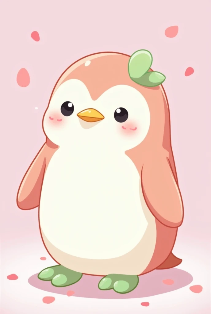 A cute penguin character in anime kawaii style, inspired by Japanese mochi desserts. The penguin has a classic round body shape with soft, fluffy white feathers, but its belly and wings have a glossy, slightly translucent texture resembling mochi rice cake...