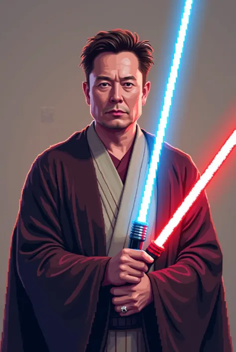 "Create a 32-bit pixel art image of Elon Musk dressed as a Jedi, holding a lightsaber. The lightsaber should be designed for easy vectorization, with clean and bold lines. The overall style should capture the essence of a Jedi while being optimized for ret...