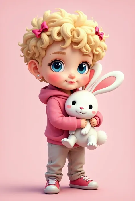 Please generate for me a picture in the style drawn on the computer, of a boy with blonde curly hair and blue eyes, he is to be slim, he is to have a slight blush on his face, he is to be dressed in a pink sweatshirt, in his hand you are to hold a plush bu...