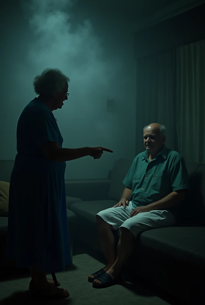 old woman in blue dress with hateful expression looking and pointing her finger at a man sitting on the sofa wearing a green shirt and white shorts 
Dark environment, fog in the room, low lighting, 8k, realistic, size 9:16