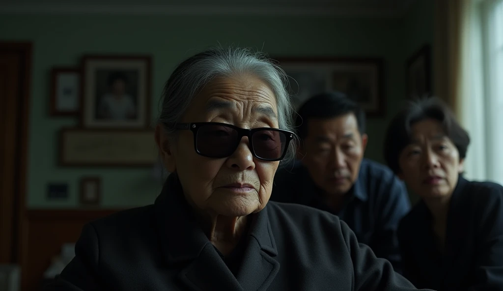 A highly clickable, ultra-realistic thumbnail image for a YouTube video featuring an elderly blind Korean woman wearing dark sunglasses, sitting in a dimly lit room with a melancholic expression. Behind her, a group of family members are seen whispering am...