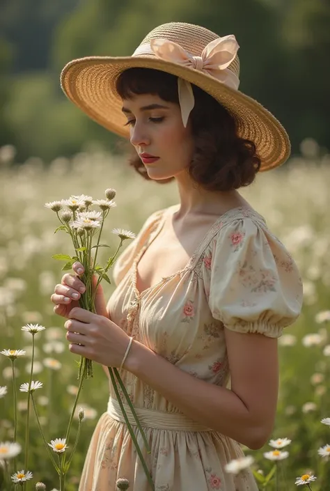 A vintage woman plucking flowers paints a serene and nostalgic image, often set in a sun-dappled garden or a wildflower meadow. She wears a soft, flowing dress with puffed sleeves or a delicate floral pattern, evoking the style of the 1930s or 1940s. A wid...