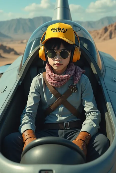 A 20 year old Japanese male teenager,A yellow baseball cap with the words (SOBAT MANTEP) written on it,Gray long sleeve formal shirt,Black formal trousers,Sitting in the cockpit of a giant Eagle-shaped combat robot Shiny silver color,Wearing a seat belt ty...