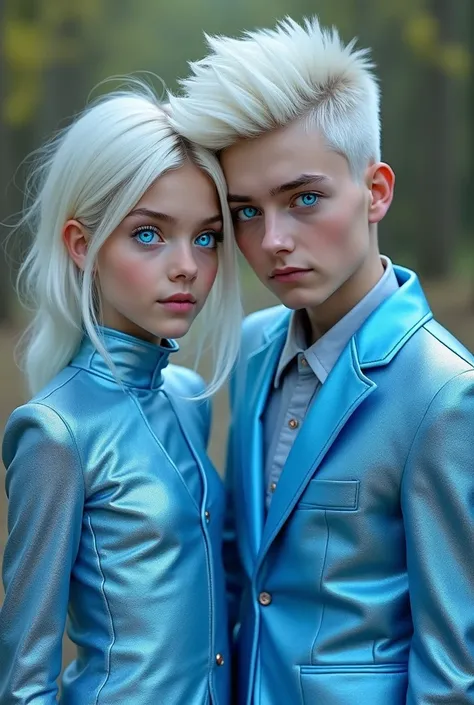  A real girl and a real guy outside in nature, dressed in shiny blue fancy suits, they have completely white and slightly glowing hair, they have bright blue eyes with glowing blue irises, they have amazingly cute appearances. Photography style.