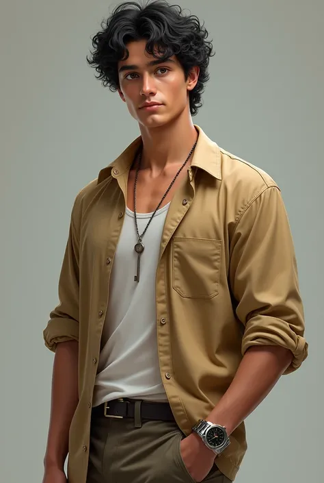 Tall white man 23 years old curly black hair wide-sleeve shirt pants  ,  a silver hand watch on his left hand and a key pendant brown eyes ordinary clothes