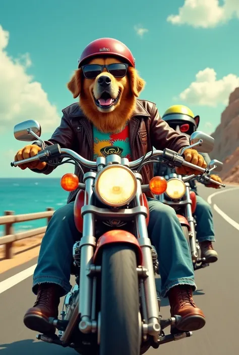 Anthropomorphic golden retriever dog with sunglasses, helmet, colorful t-shirt with skull and leather jacket, wearing old, torn jeans and boots, and riding a powerful motorcycle, and behind him on another motorcycle, a black and white cat with red-rimmed s...