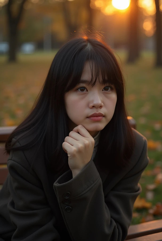 A cinematic close-up of a young woman in her mid-20s, with straight black hair and brown eyes, sitting alone on a park bench during sunset. She has a pensive expression, holding her chin with one hand. The park is serene with scattered autumn leaves, soft ...