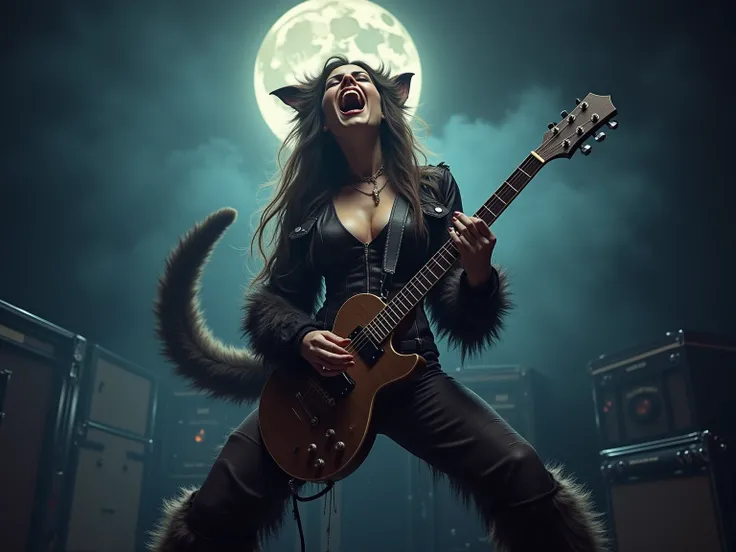 As a sexy heavy metal rock singer is playing a guitar solo on an outdoor stage under the full moon, she is being transformed into a werewolf. BREAK (transformation:1.5), mid-transformation, wolf tail, wolf ears, wolf paws, wolf claws, wolf fur, wolf teeth,...