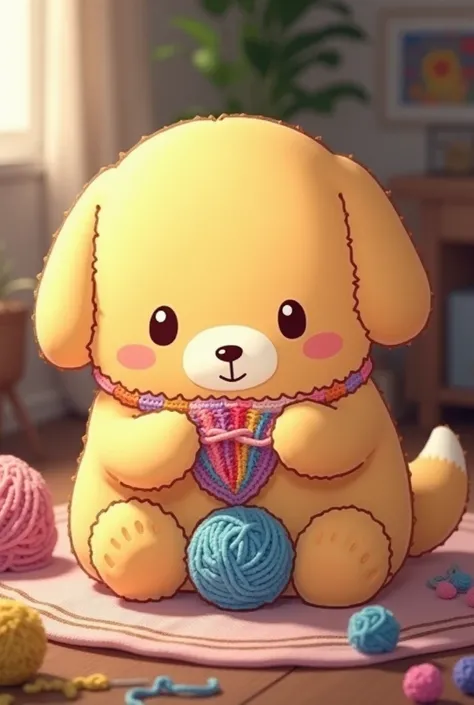 An image where Pompompurin is crocheting