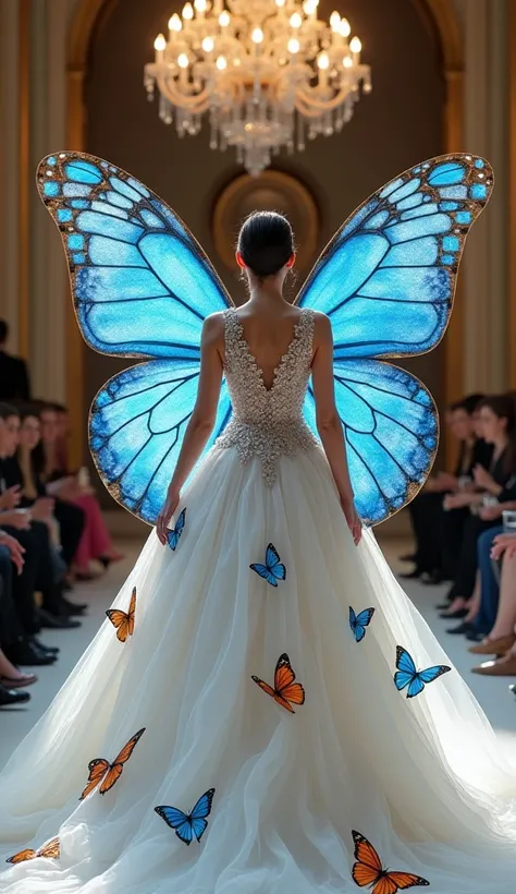 

Read the prompt but don't save the picture. 

“Create a stunning haute couture fashion design inspired by a high-end runway show with a dramatic butterfly-themed dress. The design should include:
A voluminous white or ivory ball gown silhouette.
Intricat...