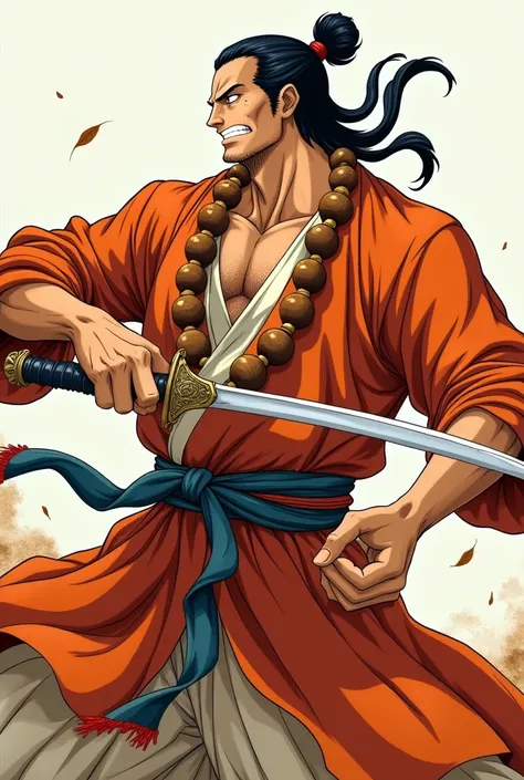 One Piece anime art style. A muscular and broad monk warrior, dressed in flowing orange and white traditional Chinese robes. Large wooden prayer beads around the neck, He wields a curved machete sword, featuring a decorative red tassel at the handle. His s...