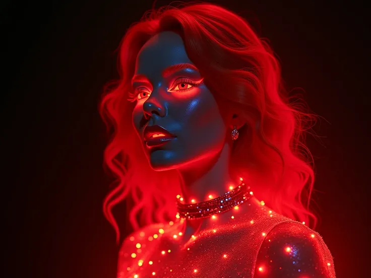 (( best quality )), (( masterpiece )), (detailed),   perfect face,  perfect body ,  elegant and luxurious, goddess,  neon red full lips ,  neon red eyes , 
  neon red wavy hair, mystical,  magical powers , Light, Glitter, shine, , gold jewelry ,  realistic...