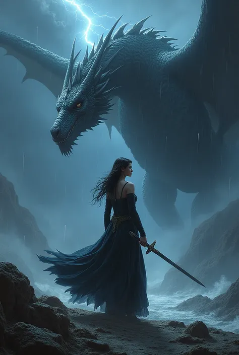 a woman in a black and white dress holding a sword and a dragon on a stormy night with lightning behind her, Anne Stokes, fantasy art, dragon art, detailed painting