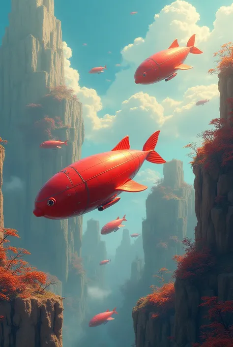 Dirigeables poissons rouge dans paysage fantastique 