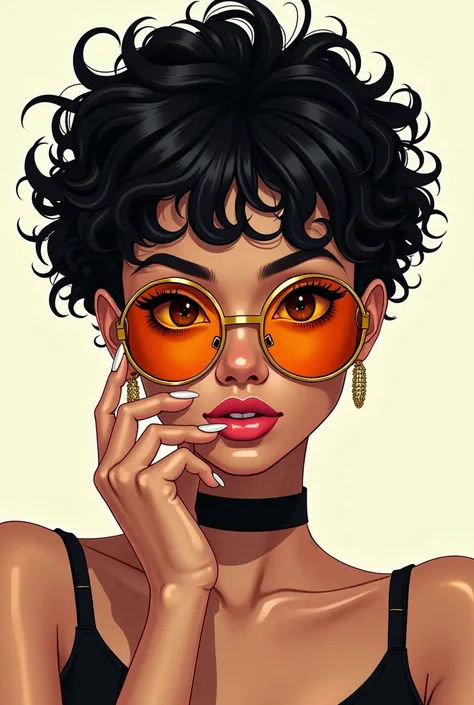 2D white female character with very short black and curly hair with gold-plated glasses and big beautiful nails  