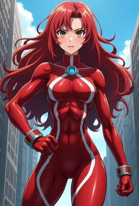 My Hero Academia Style , Anime girl, female, young female,muscular female,Full Body Shot,(fighting Pose:1.3),Long hair, Red Hair,  Brown Eyes,Hero Suit, Full Body Suit, red suit with white details,small round blue jewel in the center of the chest, perfect ...