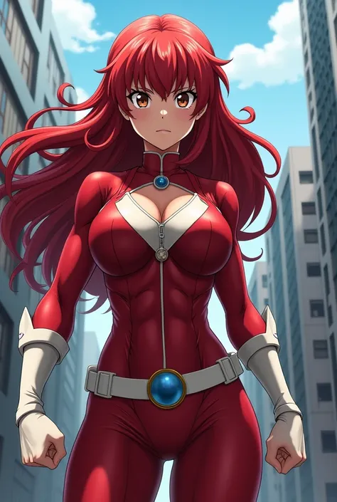 My Hero Academia Style , Anime girl, female, young female,muscular female,Full Body Shot,(fighting Pose:1.3),Long hair, Red Hair,  Brown Eyes,Hero Suit, Full Body Suit, red suit with white details,small round blue jewel in the center of the chest, perfect ...