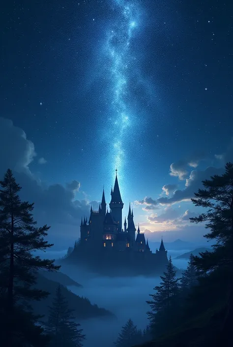 Dark starry background with a star shower and a castle in the background 