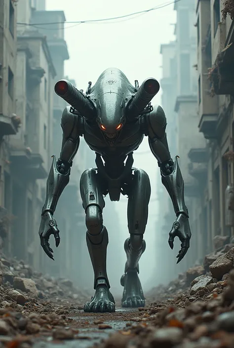  four-legged Cyborg Alien with two laser cannons, walking in the middle of a ruined city .