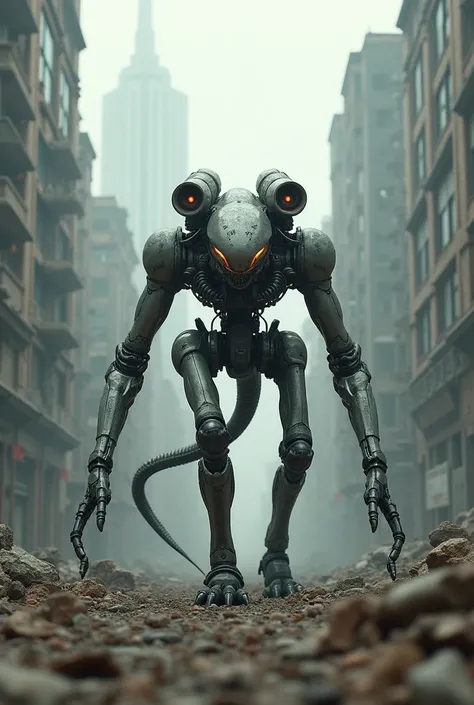  four-legged Cyborg Alien with two laser cannons, walking in the middle of a ruined city .