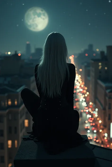 A vampire woman with dark ash blonde long hair, squatting on top of a tall building amidst a busy crowded city, below there is a crowded street, traffic passing by, lights coming and leaving. She is in a squated position on top of the roof, high above the ...