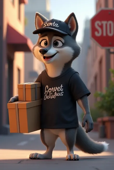 Animated wolf delivery black shirt and cap with closed sign 