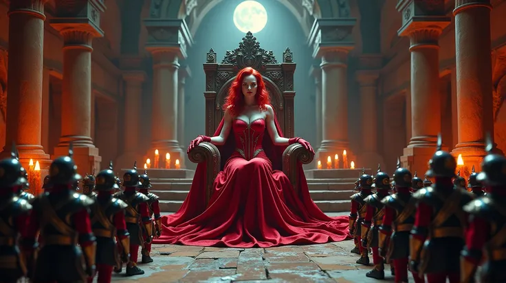 Charming view of Scarlet Witch, beautiful face, super big breasts, white skin, red hair sitting gracefully on a majestic ancient stone throne inside a dimly lit and crumbling temple. His red robe fluttered over the edge of the throne, and his fiery red han...