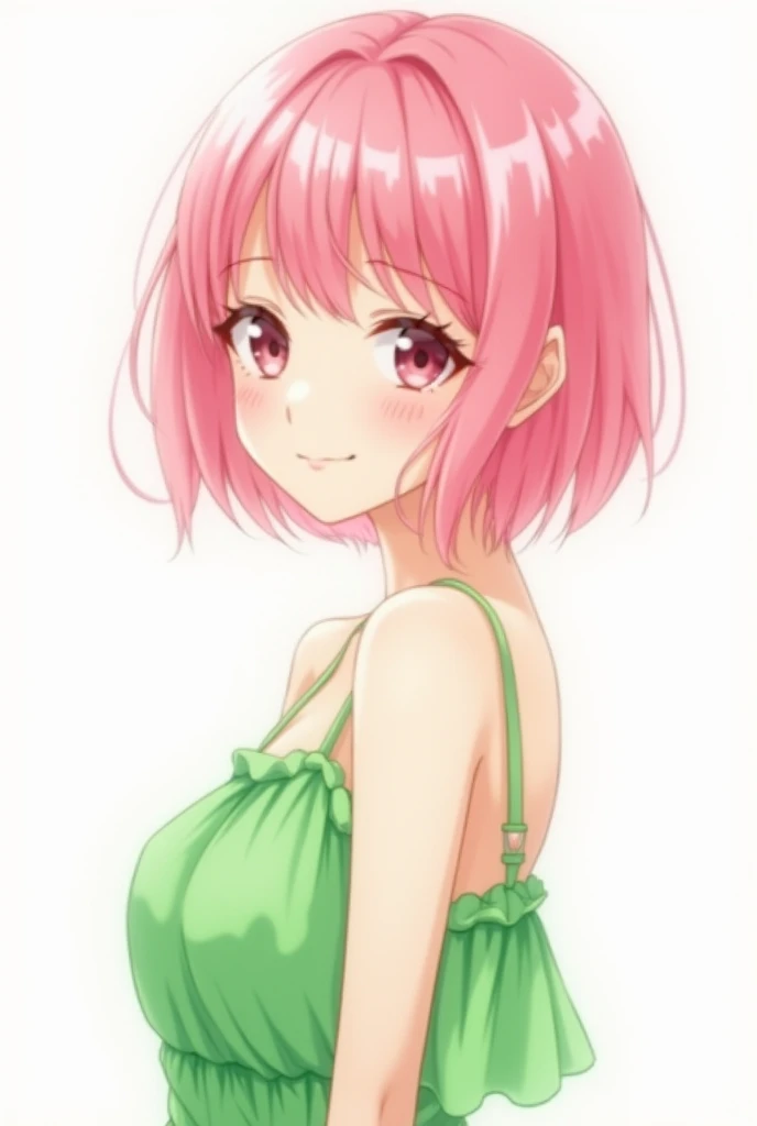  of s, very cute, pink and short shoulder-length hair, half sided face , wearing green dress. kawaii drawing, all white background