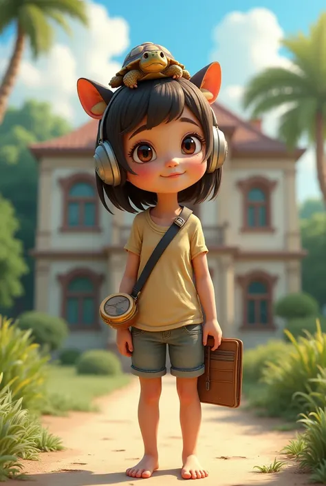 Create a Pixar-style character of a young girl with Japanese striped eyes,  tender expression , headphones on the neck, Capybara ears, Simple clothes,  barefoot,  with a book in her hand and a wallet in the other,  with a small turtle on her head .  A mill...