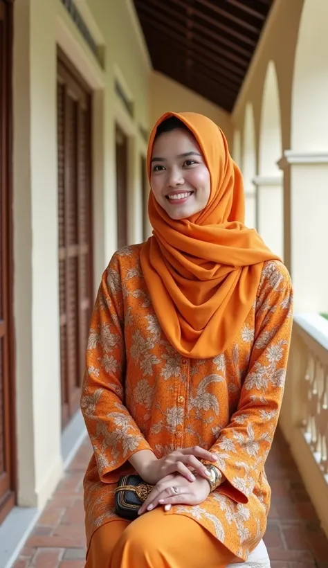  Portrait of a beautiful young Indonesian woman , 20 years old , clean white face,  very beautiful , ideal large tall body ,  smiling sweetly facing forward ,  wearing a bright orange neat hijab and a bright orange traditional Javanese kebaya batik kebaya ...