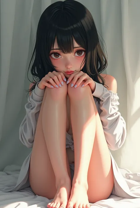 Anime girl with black hair showing her feet to you